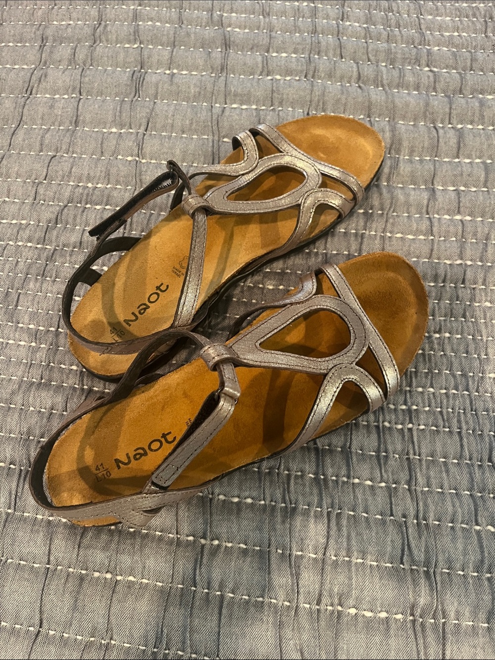 Naot Silver Metallic Leather T-Strap Sandals